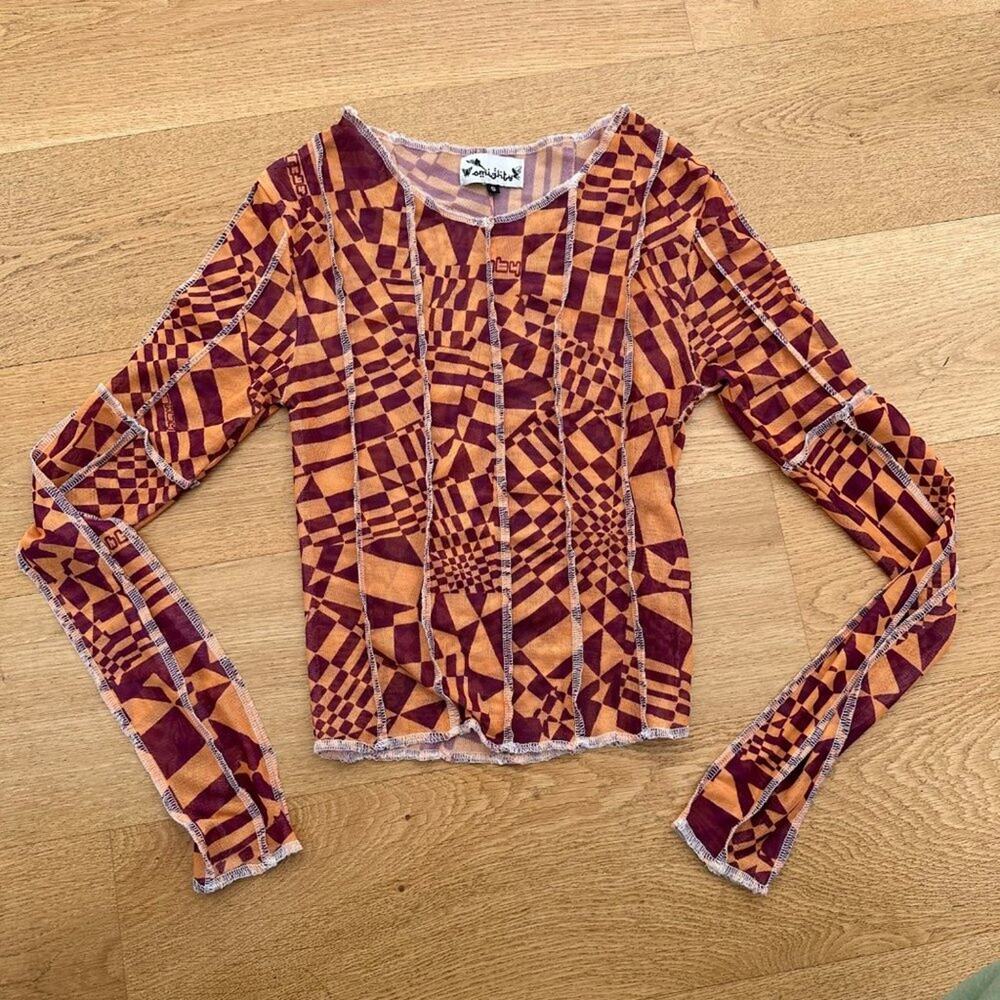 Omighty Exposed Seam Geometric Mesh Long Sleeve Crop Top in Orange